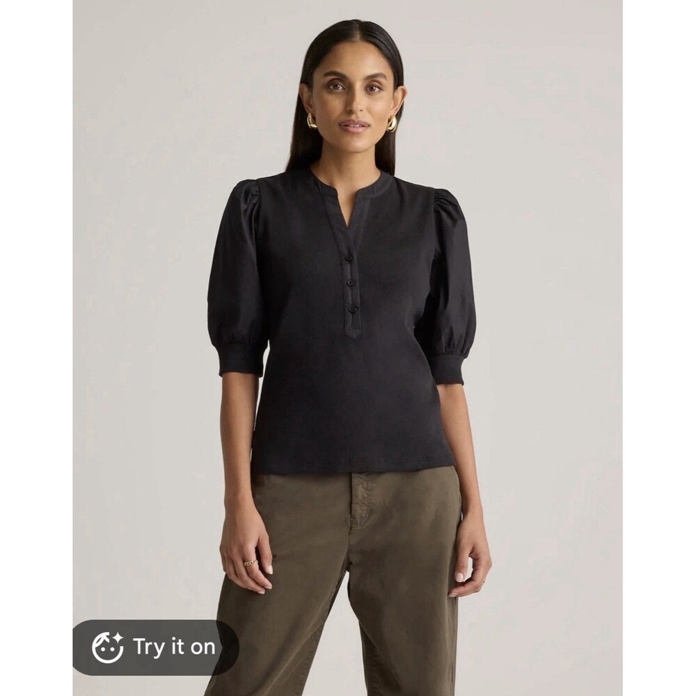 Quince Women Cotton Mixed Media Puff Sleeve Top Black XL Career Neutral Classic